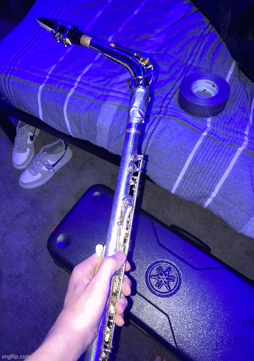 Picture I took of a saxoflute I built with my moms flute and my sax | made w/ Imgflip meme maker