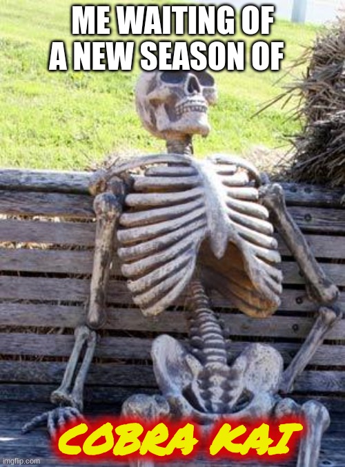 Waiting Skeleton | ME WAITING OF A NEW SEASON OF; COBRA KAI | image tagged in memes,waiting skeleton | made w/ Imgflip meme maker