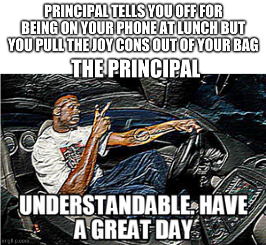 UNDERSTANDABLE, HAVE A GREAT DAY | PRINCIPAL TELLS YOU OFF FOR BEING ON YOUR PHONE AT LUNCH BUT YOU PULL THE JOY CONS OUT OF YOUR BAG; THE PRINCIPAL | image tagged in understandable have a great day | made w/ Imgflip meme maker