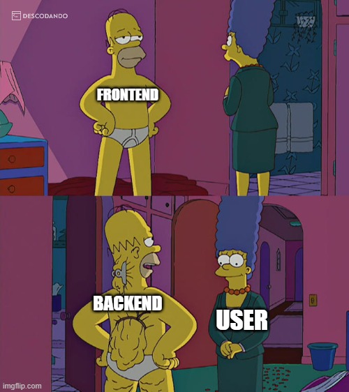 beautiful website | FRONTEND; BACKEND; USER | image tagged in homer simpson's back fat,programming,programmers,development,memes,technology | made w/ Imgflip meme maker