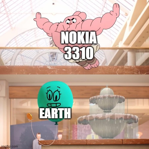 Don't drop a Nokia 3310 | NOKIA 3310; EARTH | image tagged in amazing world of gumball richard jumping on balloon,the amazing world of gumball,nokia 3310 | made w/ Imgflip meme maker