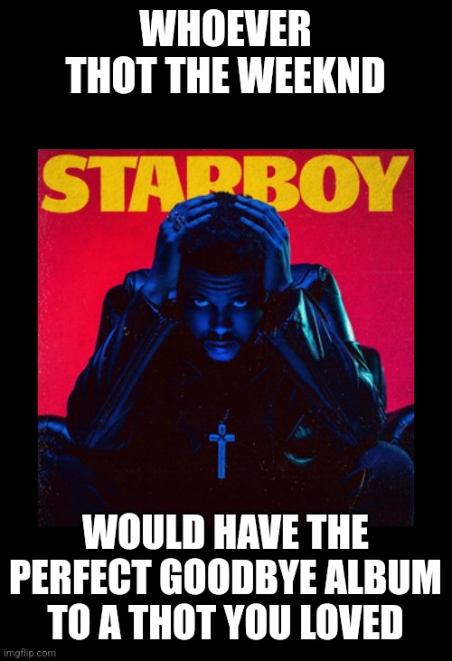 Starboy Is Actually a Heartbreak Album | WHOEVER THOT THE WEEKND; WOULD HAVE THE PERFECT GOODBYE ALBUM TO A THOT YOU LOVED | image tagged in thots,heartbreak,sad,the weeknd,the weekend | made w/ Imgflip meme maker