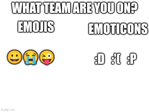 gay people use all B) | WHAT TEAM ARE YOU ON? EMOJIS; EMOTICONS; 😀😭😜; :D   :'(   :P | image tagged in blank white template | made w/ Imgflip meme maker