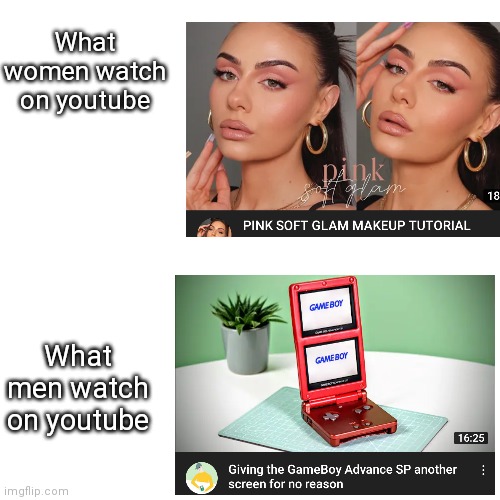 what women watches vs what men watch | What women watch on youtube; What men watch on youtube | image tagged in memes,blank transparent square | made w/ Imgflip meme maker