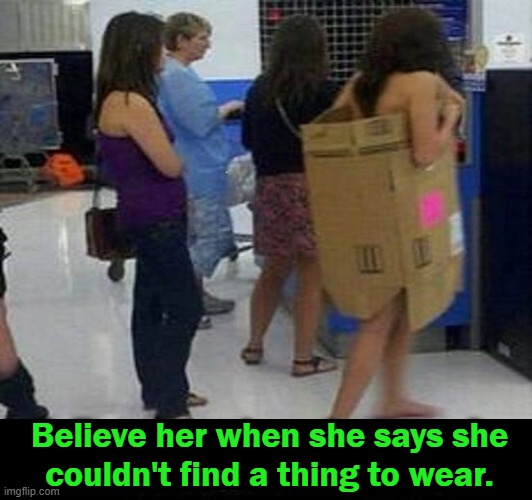 Jill in the Box | Believe her when she says she
couldn't find a thing to wear. | image tagged in fun,funny,unusual,odd,shopping,imgflip humor | made w/ Imgflip meme maker