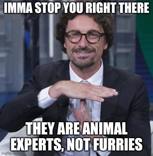 Imma stop you right there Toninelli | IMMA STOP YOU RIGHT THERE THEY ARE ANIMAL EXPERTS, NOT FURRIES | image tagged in imma stop you right there toninelli | made w/ Imgflip meme maker