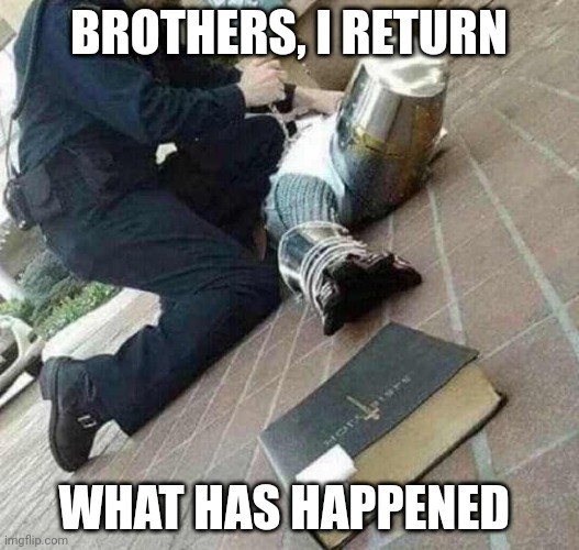 hello again | BROTHERS, I RETURN; WHAT HAS HAPPENED | image tagged in arrested crusader reaching for book | made w/ Imgflip meme maker
