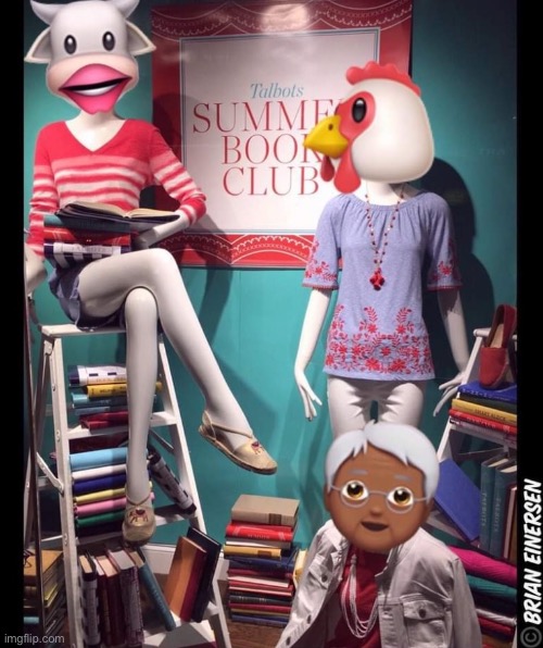 Book Klub with Kim Kowdashian, Chic Chicken, and Grandma Moo-ses | image tagged in fashion,window design,talbots,book club,kim kowdashian,brian einersen | made w/ Imgflip meme maker