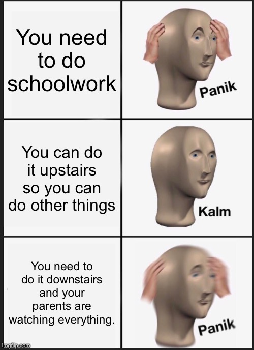 Oh no, OH NO | You need to do schoolwork; You can do it upstairs so you can do other things; You need to do it downstairs and your parents are watching everything. | image tagged in memes,panik kalm panik | made w/ Imgflip meme maker