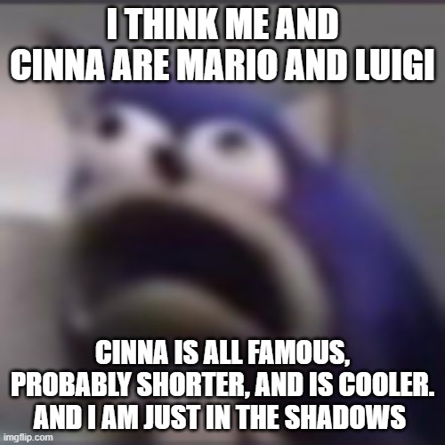 distress | I THINK ME AND CINNA ARE MARIO AND LUIGI; CINNA IS ALL FAMOUS, PROBABLY SHORTER, AND IS COOLER. AND I AM JUST IN THE SHADOWS | image tagged in distress | made w/ Imgflip meme maker