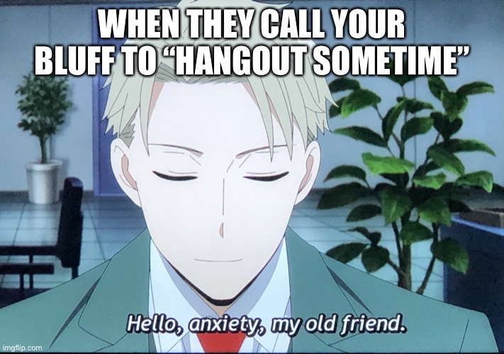 Introverts be like… | WHEN THEY CALL YOUR BLUFF TO “HANGOUT SOMETIME” | image tagged in hello anxiety | made w/ Imgflip meme maker