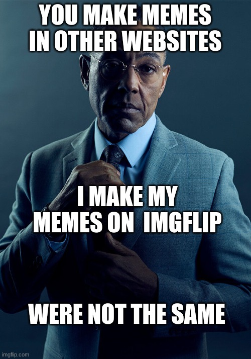 mems | YOU MAKE MEMES IN OTHER WEBSITES; I MAKE MY MEMES ON  IMGFLIP; WERE NOT THE SAME | image tagged in gus fring we are not the same,fyp | made w/ Imgflip meme maker