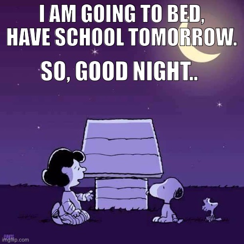 See you tommorow | I AM GOING TO BED, HAVE SCHOOL TOMORROW. SO, GOOD NIGHT.. | image tagged in good night | made w/ Imgflip meme maker
