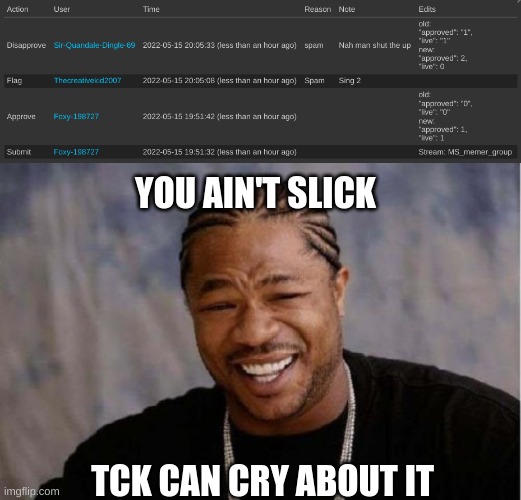 YOU AIN'T SLICK; TCK CAN CRY ABOUT IT | image tagged in memes,yo dawg heard you | made w/ Imgflip meme maker