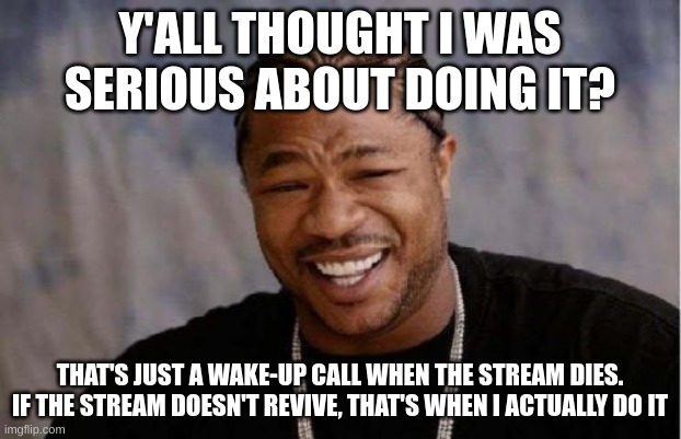 badtime, you can't post-ban a mod | Y'ALL THOUGHT I WAS SERIOUS ABOUT DOING IT? THAT'S JUST A WAKE-UP CALL WHEN THE STREAM DIES. IF THE STREAM DOESN'T REVIVE, THAT'S WHEN I ACTUALLY DO IT | image tagged in memes,yo dawg heard you | made w/ Imgflip meme maker