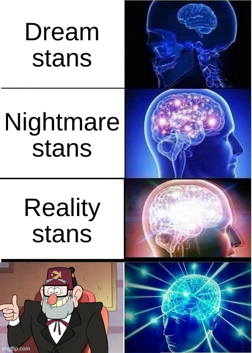 I'm a stan probably | Dream stans; Nightmare stans; Reality stans | image tagged in memes,expanding brain | made w/ Imgflip meme maker