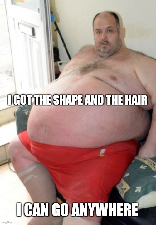 Who said that.... ? | I GOT THE SHAPE AND THE HAIR; I CAN GO ANYWHERE | image tagged in fat irish man,tuesday,fat girl running,toronto blue jays | made w/ Imgflip meme maker