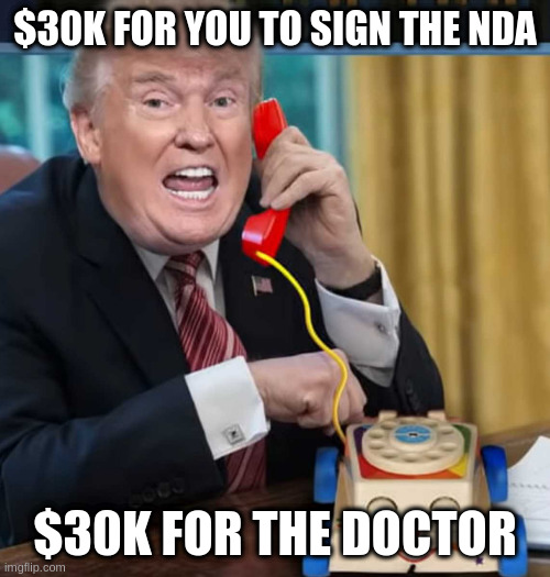 sad | $30K FOR YOU TO SIGN THE NDA; $30K FOR THE DOCTOR | image tagged in i'm the president | made w/ Imgflip meme maker