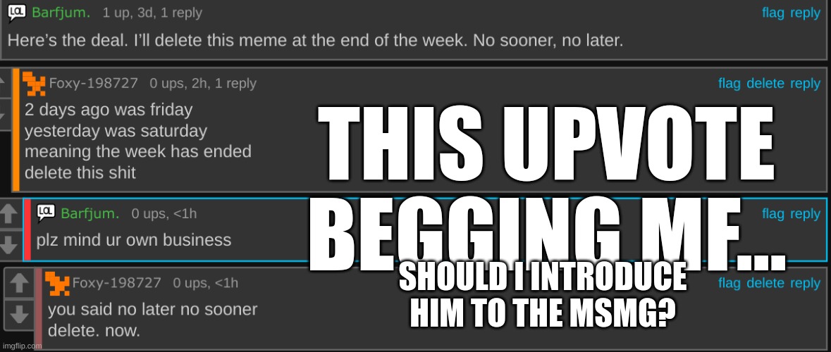 THIS UPVOTE BEGGING MF... SHOULD I INTRODUCE HIM TO THE MSMG? | made w/ Imgflip meme maker