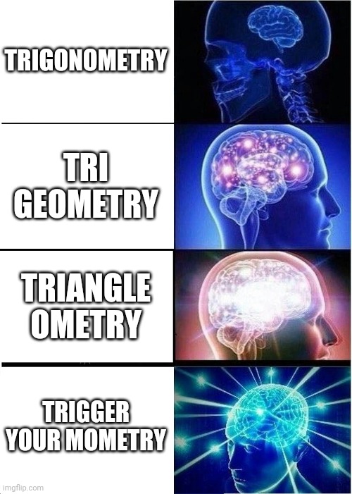 Trigonometry | TRIGONOMETRY; TRI GEOMETRY; TRIANGLE OMETRY; TRIGGER YOUR MOMETRY | image tagged in memes,expanding brain | made w/ Imgflip meme maker