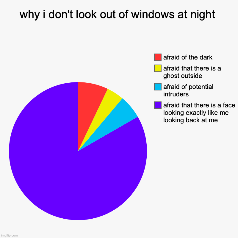 exactly the reasons why i never look out of the window of my bedroom... | why i don't look out of windows at night | afraid that there is a face looking exactly like me looking back at me, afraid of potential intru | image tagged in charts,pie charts,memes,facts,why are you reading this | made w/ Imgflip chart maker