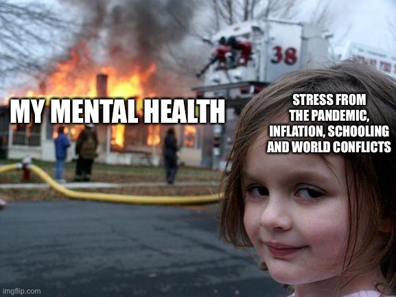 I’m not okay lmao | STRESS FROM THE PANDEMIC, INFLATION, SCHOOLING AND WORLD CONFLICTS; MY MENTAL HEALTH | image tagged in memes,disaster girl | made w/ Imgflip meme maker