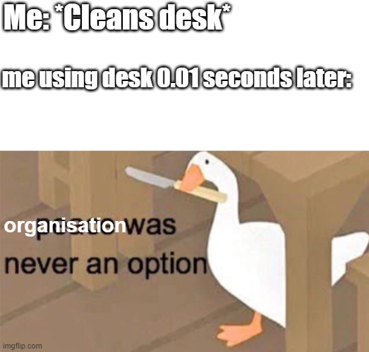 Why me, just why? | Me: *Cleans desk*; me using desk 0.01 seconds later:; organisation | image tagged in untitled goose peace was never an option | made w/ Imgflip meme maker