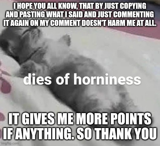 ._. | I HOPE YOU ALL KNOW, THAT BY JUST COPYING AND PASTING WHAT I SAID AND JUST COMMENTING IT AGAIN ON MY COMMENT DOESN'T HARM ME AT ALL. IT GIVES ME MORE POINTS IF ANYTHING. SO THANK YOU | image tagged in dies of horniness | made w/ Imgflip meme maker
