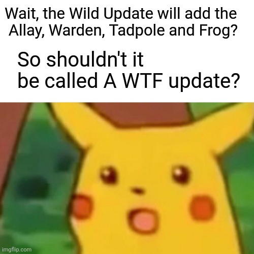 Surprised Pikachu Meme | Wait, the Wild Update will add the
 Allay, Warden, Tadpole and Frog? So shouldn't it be called A WTF update? | image tagged in memes,surprised pikachu | made w/ Imgflip meme maker