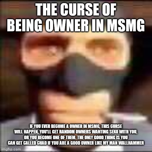 spi | THE CURSE OF BEING OWNER IN MSMG; IF YOU EVER BECOME A OWNER IN MSMG, THIS CURSE WILL HAPPEN, YOU'LL GET RANDOM OWNERS WANTING SEXO WITH YOU, OR YOU BECOME ONE OF THEM. THE ONLY GOOD THING IS YOU CAN GET CALLED CHAD IF YOU ARE A GOOD OWNER LIKE MY MAN WALLHAMMER | image tagged in spi | made w/ Imgflip meme maker