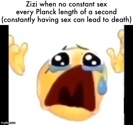 cursed crying emoji | Zizi when no constant sex every Planck length of a second (constantly having sex can lead to death) | image tagged in cursed crying emoji | made w/ Imgflip meme maker