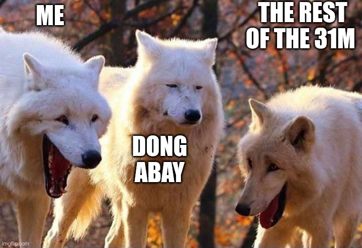 Dong abay | THE REST OF THE 31M; ME; DONG ABAY | image tagged in laughing wolf | made w/ Imgflip meme maker