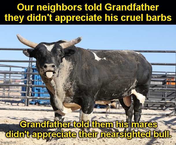 The pain of a cruel barb | Our neighbors told Grandfather they didn't appreciate his cruel barbs; Grandfather told them his mares didn't appreciate their nearsighted bull. | image tagged in bull,barbs,puns,neighbors,humor,jokes | made w/ Imgflip meme maker