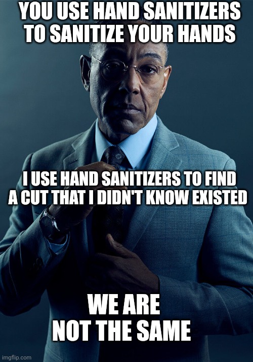 Sometimes | YOU USE HAND SANITIZERS TO SANITIZE YOUR HANDS; I USE HAND SANITIZERS TO FIND A CUT THAT I DIDN'T KNOW EXISTED; WE ARE NOT THE SAME | image tagged in gus fring we are not the same,we are not the same | made w/ Imgflip meme maker
