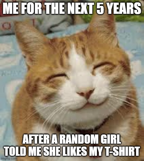 ME FOR THE NEXT 5 YEARS AFTER A RANDOM GIRL TOLD ME SHE LIKES MY T-SHIRT | image tagged in happy cat | made w/ Imgflip meme maker