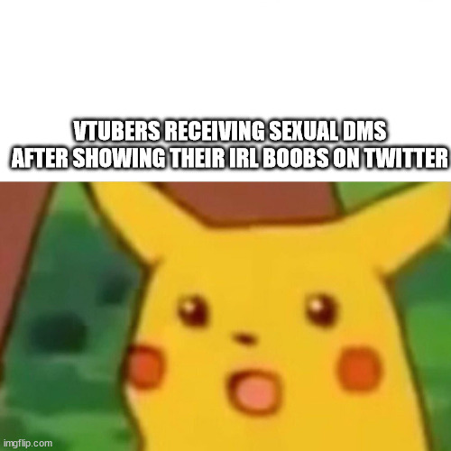 Pls. Don't be surprised when people feel invited | VTUBERS RECEIVING SEXUAL DMS AFTER SHOWING THEIR IRL BOOBS ON TWITTER | image tagged in surprised picachu | made w/ Imgflip meme maker
