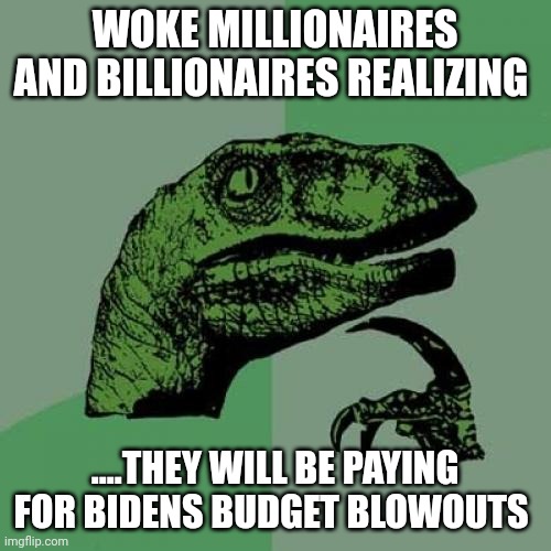 Philosoraptor | WOKE MILLIONAIRES AND BILLIONAIRES REALIZING; ....THEY WILL BE PAYING FOR BIDENS BUDGET BLOWOUTS | image tagged in memes,philosoraptor | made w/ Imgflip meme maker