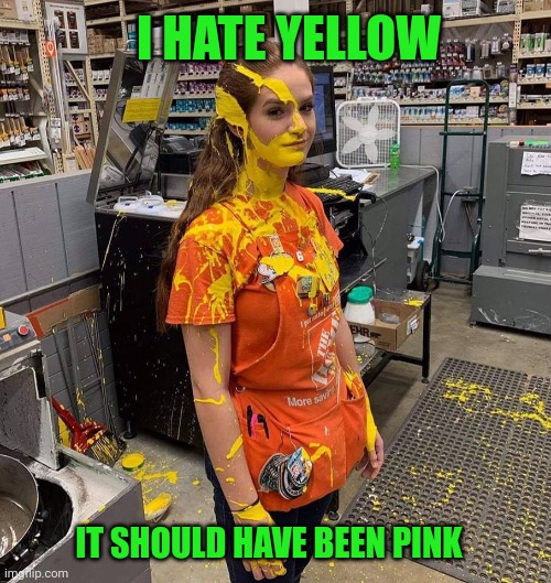 HOME DEPOT PAINT GIRL |  I HATE YELLOW; IT SHOULD HAVE BEEN PINK | image tagged in home depot paint girl | made w/ Imgflip meme maker