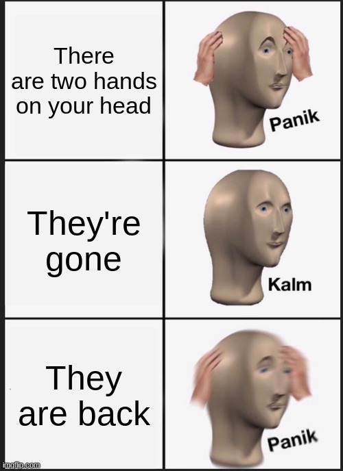 Panik Kalm Panik Meme |  There are two hands on your head; They're gone; They are back | image tagged in memes,panik kalm panik | made w/ Imgflip meme maker