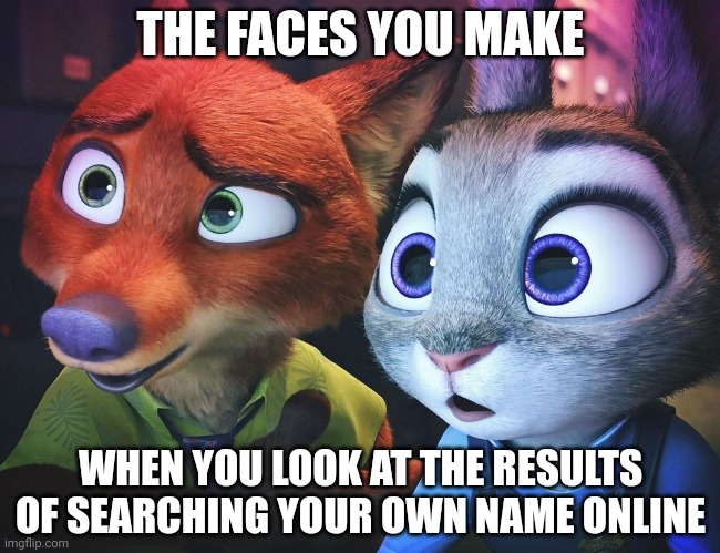 Nick and Judy Search Results | THE FACES YOU MAKE; WHEN YOU LOOK AT THE RESULTS OF SEARCHING YOUR OWN NAME ONLINE | image tagged in nick wilde and judy hopps wide-eyed,zootopia,nick wilde,judy hopps,the face you make when,funny | made w/ Imgflip meme maker
