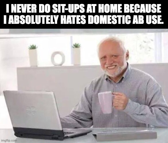 Ab | I NEVER DO SIT-UPS AT HOME BECAUSE I ABSOLUTELY HATES DOMESTIC AB USE. | image tagged in harold | made w/ Imgflip meme maker