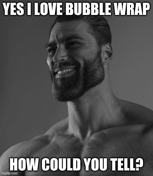 Giga Chad | YES I LOVE BUBBLE WRAP HOW COULD YOU TELL? | image tagged in giga chad | made w/ Imgflip meme maker