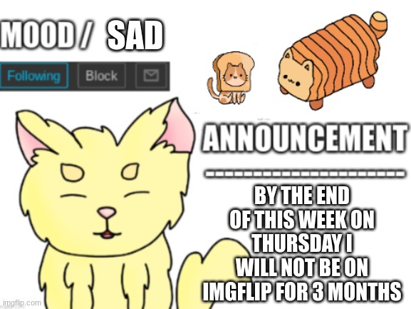 Sad | SAD; BY THE END OF THIS WEEK ON THURSDAY I WILL NOT BE ON IMGFLIP FOR 3 MONTHS | image tagged in lemon's announcement | made w/ Imgflip meme maker