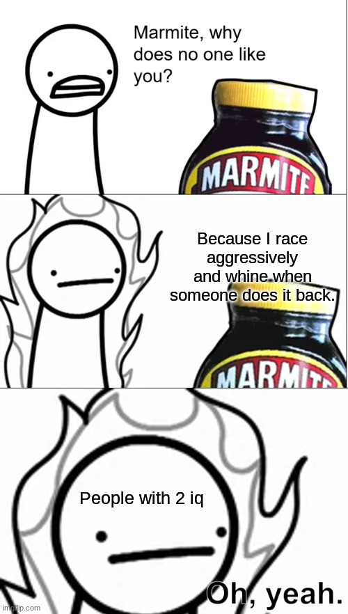>:I | Because I race aggressively and whine when someone does it back. People with 2 iq | image tagged in marmite why does no one like you,memes | made w/ Imgflip meme maker