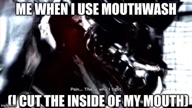 it still hurts... |  ME WHEN I USE MOUTHWASH; (I CUT THE INSIDE OF MY MOUTH) | image tagged in pain this is why i fight | made w/ Imgflip meme maker