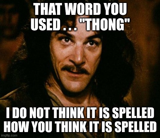 Inigo Montoya Meme | THAT WORD YOU USED . . . "THONG" I DO NOT THINK IT IS SPELLED HOW YOU THINK IT IS SPELLED | image tagged in memes,inigo montoya | made w/ Imgflip meme maker