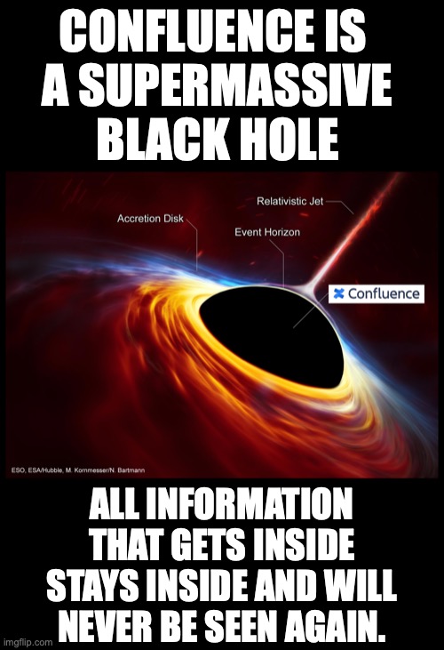 Confluence - knowledge management, right? | CONFLUENCE IS 
A SUPERMASSIVE BLACK HOLE; ALL INFORMATION THAT GETS INSIDE STAYS INSIDE AND WILL NEVER BE SEEN AGAIN. | image tagged in black hole,confluence,atlassian | made w/ Imgflip meme maker
