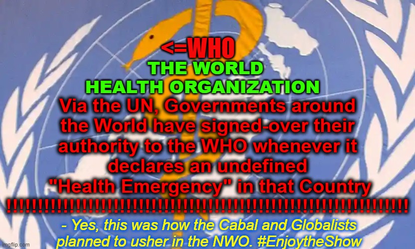 WHO UN Government Takeover | <=WHO; Via the UN, Governments around the World have signed-over their authority to the WHO whenever it declares an undefined
 "Health Emergency" in that Country
!!!!!!!!!!!!!!!!!!!!!!!!!!!!!!!!!!!!!!!!!!!!!!!!!!!!!!!!!!!!!!!! THE WORLD HEALTH ORGANIZATION; - Yes, this was how the Cabal and Globalists planned to usher in the NWO. #EnjoytheShow | image tagged in who,un,pandemic,nwo,globalist | made w/ Imgflip meme maker