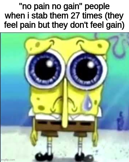 no gain | "no pain no gain" people when i stab them 27 times (they feel pain but they don't feel gain) | image tagged in sad spongebob | made w/ Imgflip meme maker