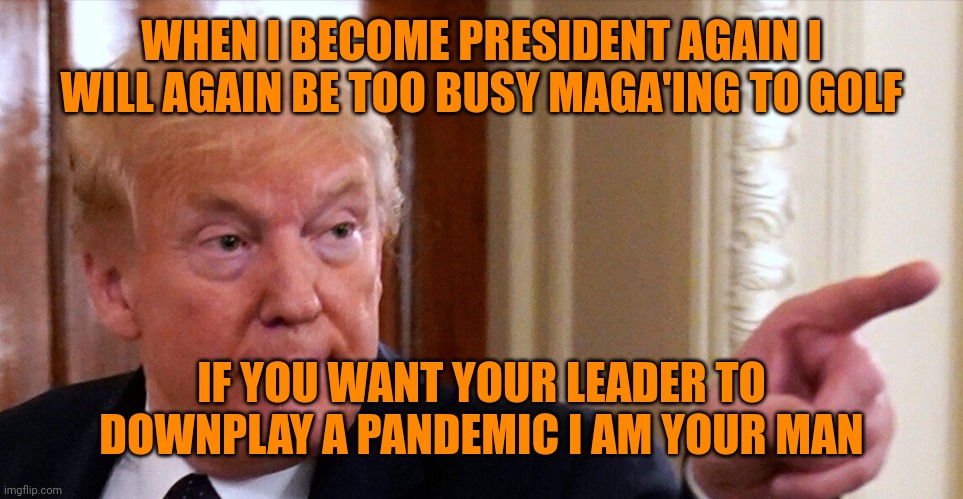 Idiots for Trump 2024 | WHEN I BECOME PRESIDENT AGAIN I WILL AGAIN BE TOO BUSY MAGA'ING TO GOLF; IF YOU WANT YOUR LEADER TO DOWNPLAY A PANDEMIC I AM YOUR MAN | image tagged in trump pointing | made w/ Imgflip meme maker